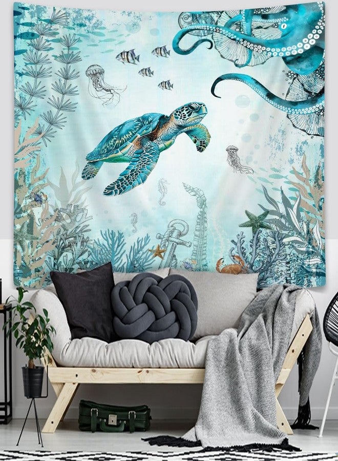 Wathon Sea Turtle Octopus Tapestry Blue Teal Ocean Wall Tapestry for Bedroom, Underwater Animal Seashell Jellyfish Coastal Nautical Tapestries, Sea Wall Art Poster for Dorm Home Decor 60X40IN - Image 3